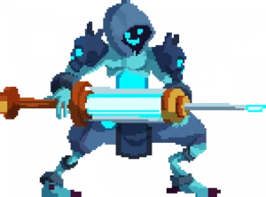 A faceless, cloaked character holding a large syringe.