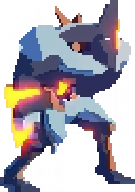 A large boss character wielding a sword. He is wearing a knight mask to cover his face, and is wearing a blue outfit.