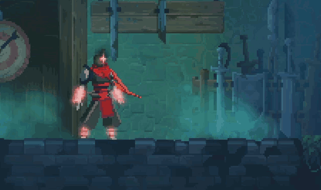 Character slashing a red sword