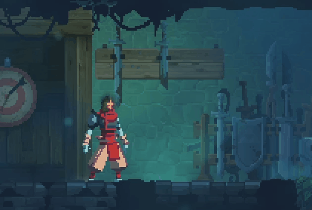 Character using a large yellow sword to hit the ground.