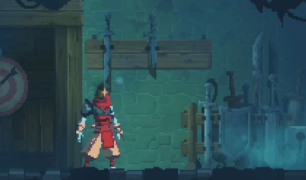 Character jumping and cutting a sword through the air. They stab forward sharply upon landing back on the ground.