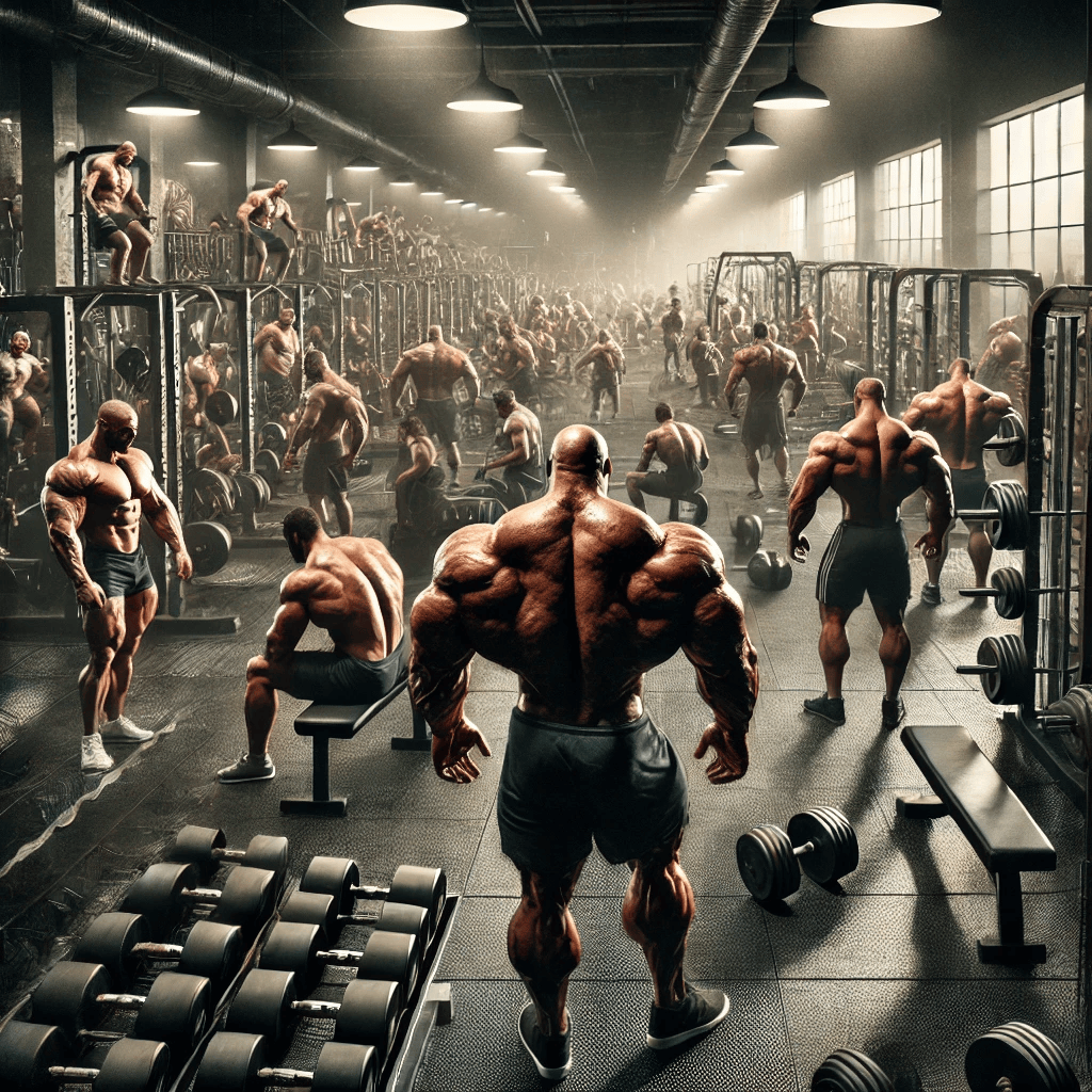 Bunch of buff bald men in the gym.