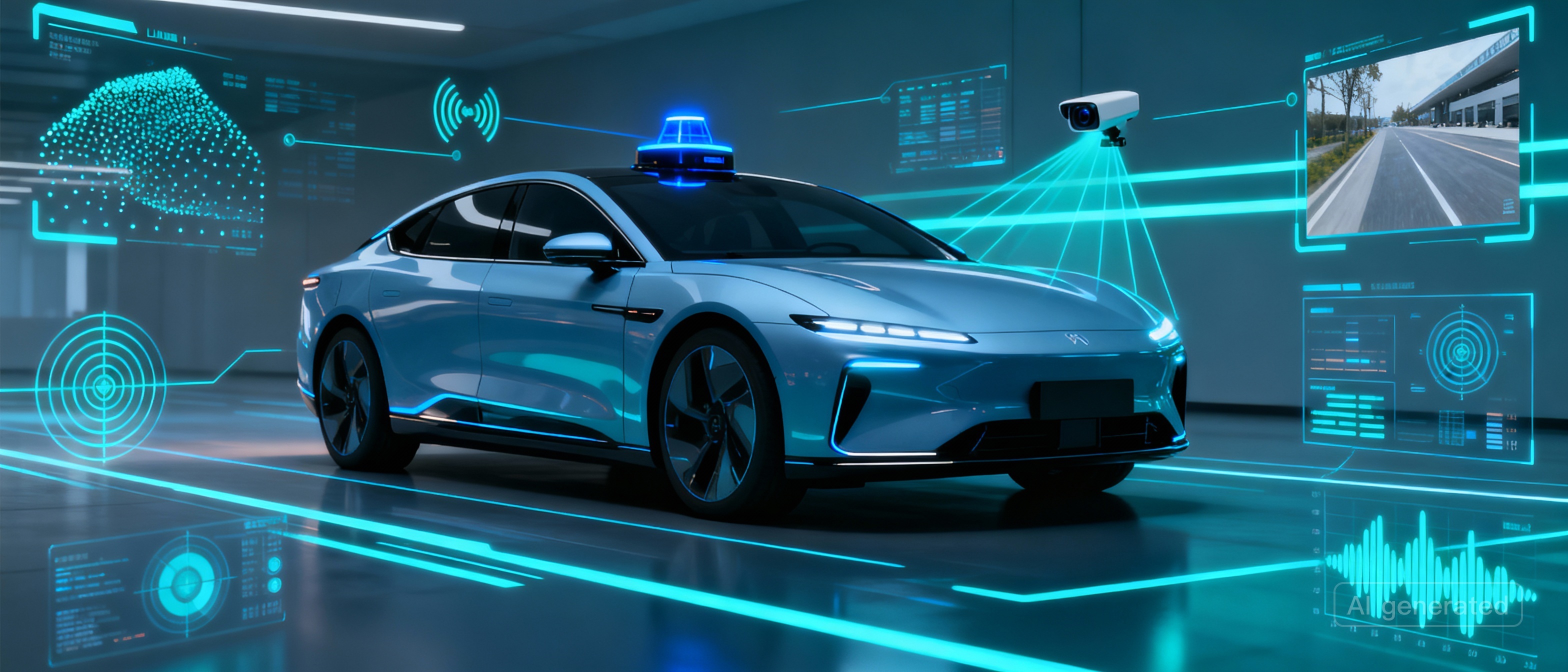 An autonomous car with sensor data visualizations