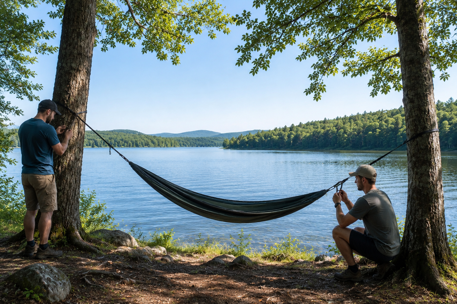 A hammock being set up between two trees