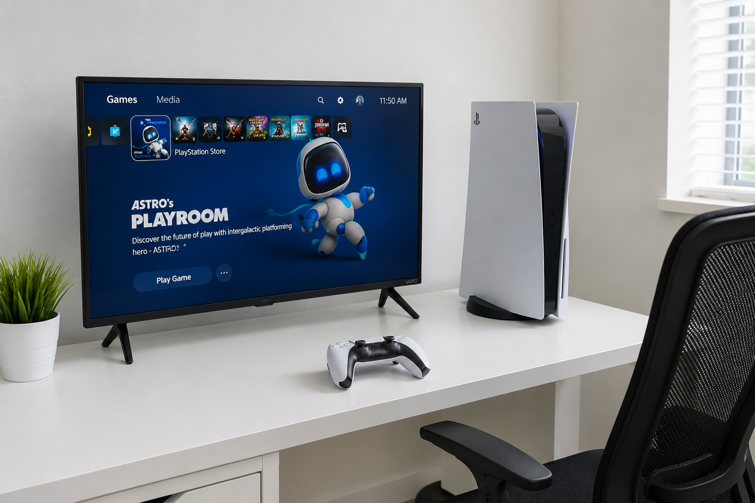 A simple beginner gaming setup with a console and controller on a clean desk