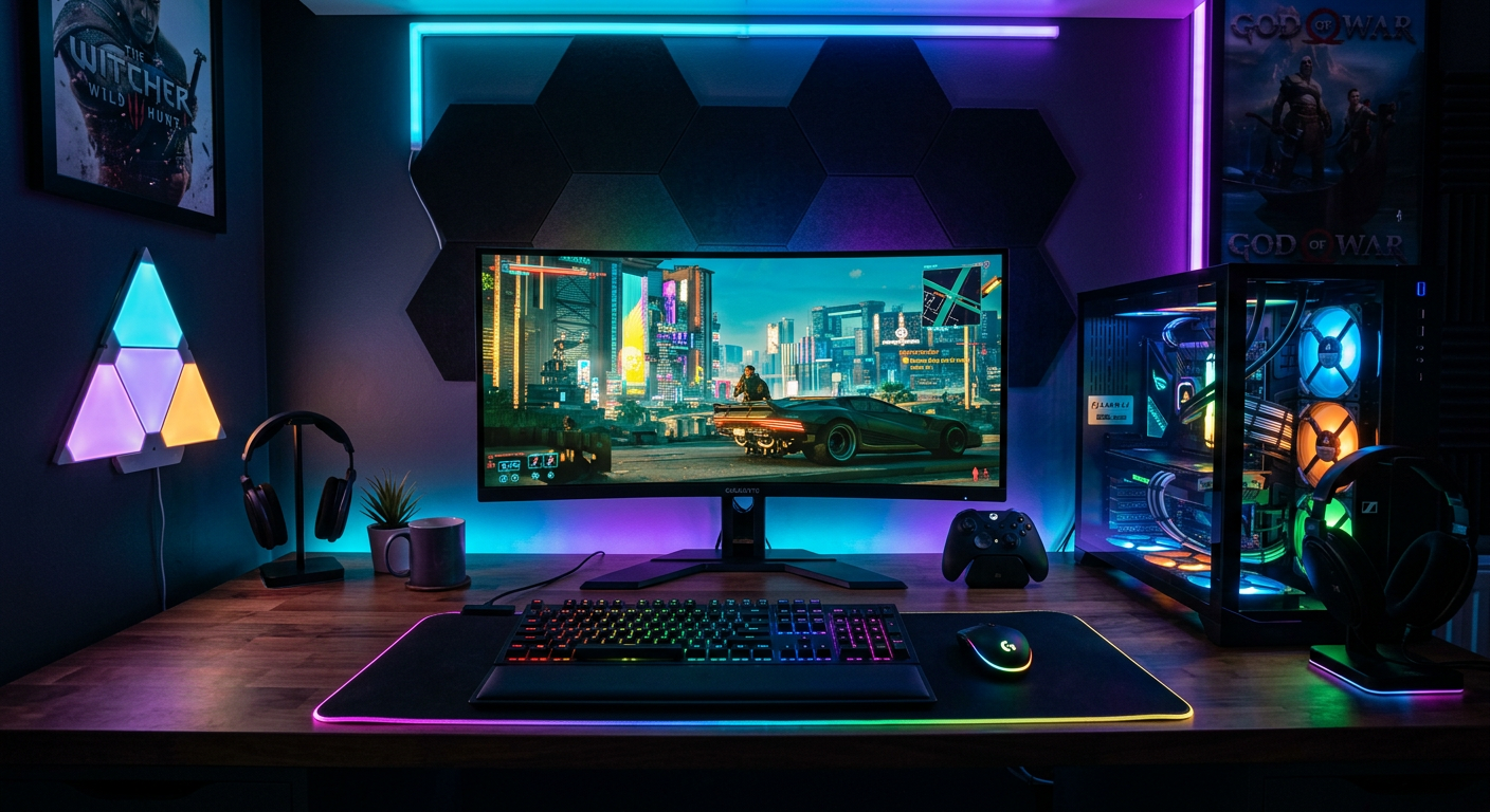 A gaming setup with a monitor, keyboard, and controller on a desk