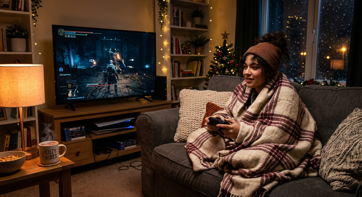 Someone playing a video game on a couch wrapped in a blanket on a winter evening