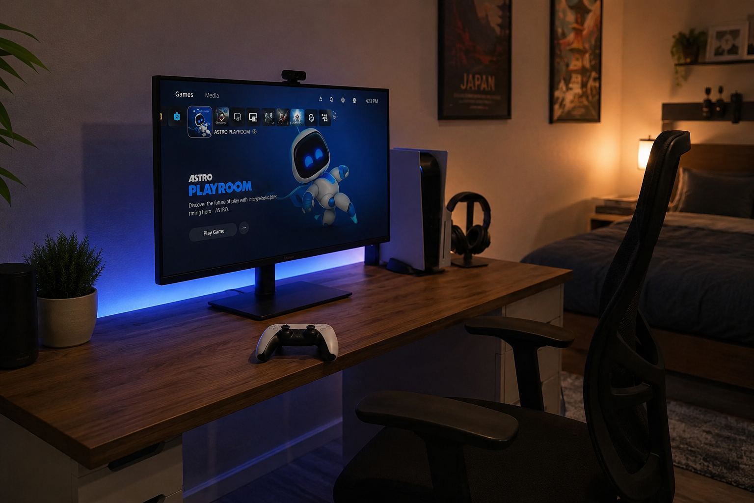 A home gaming desk setup with a monitor and controller in a cozy room