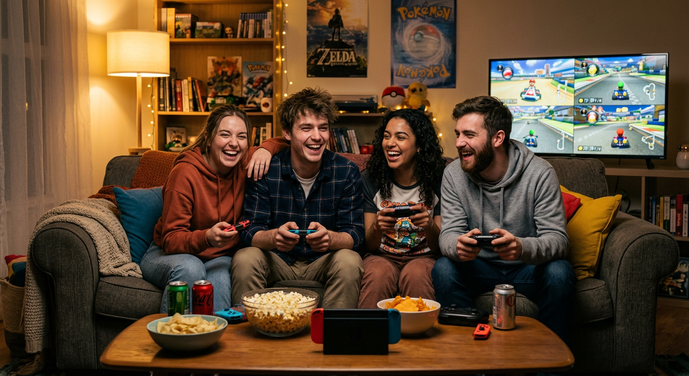 A group of friends sitting together playing video games and laughing