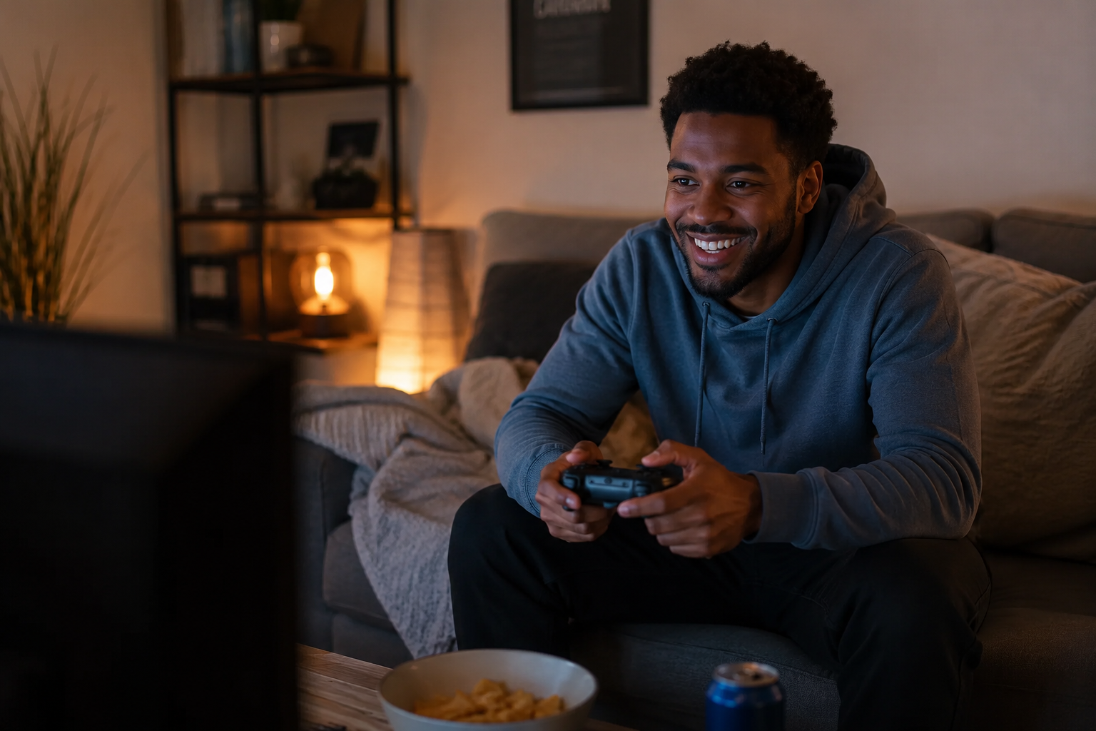 Someone smiling while playing a video game, relaxed and having fun