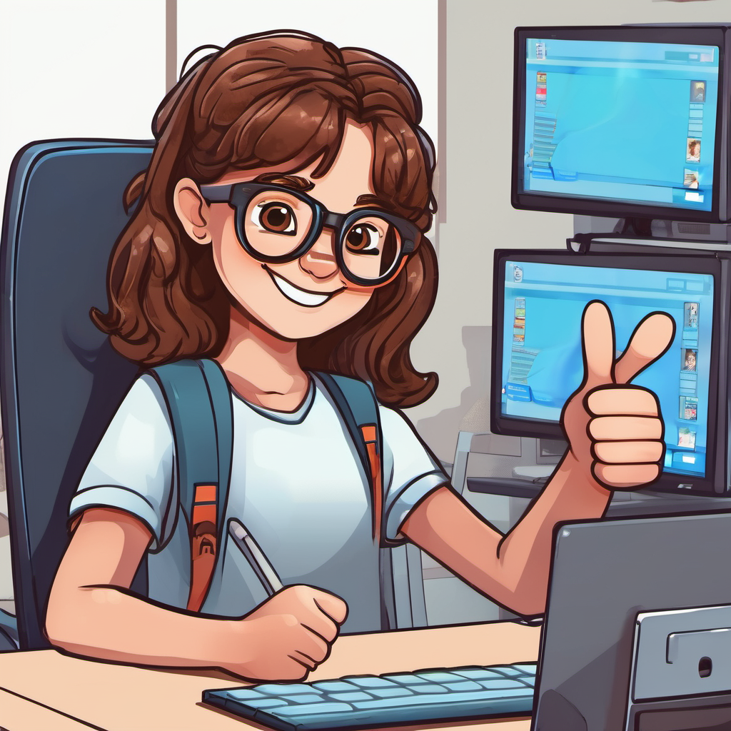 a girl sitting at a computer