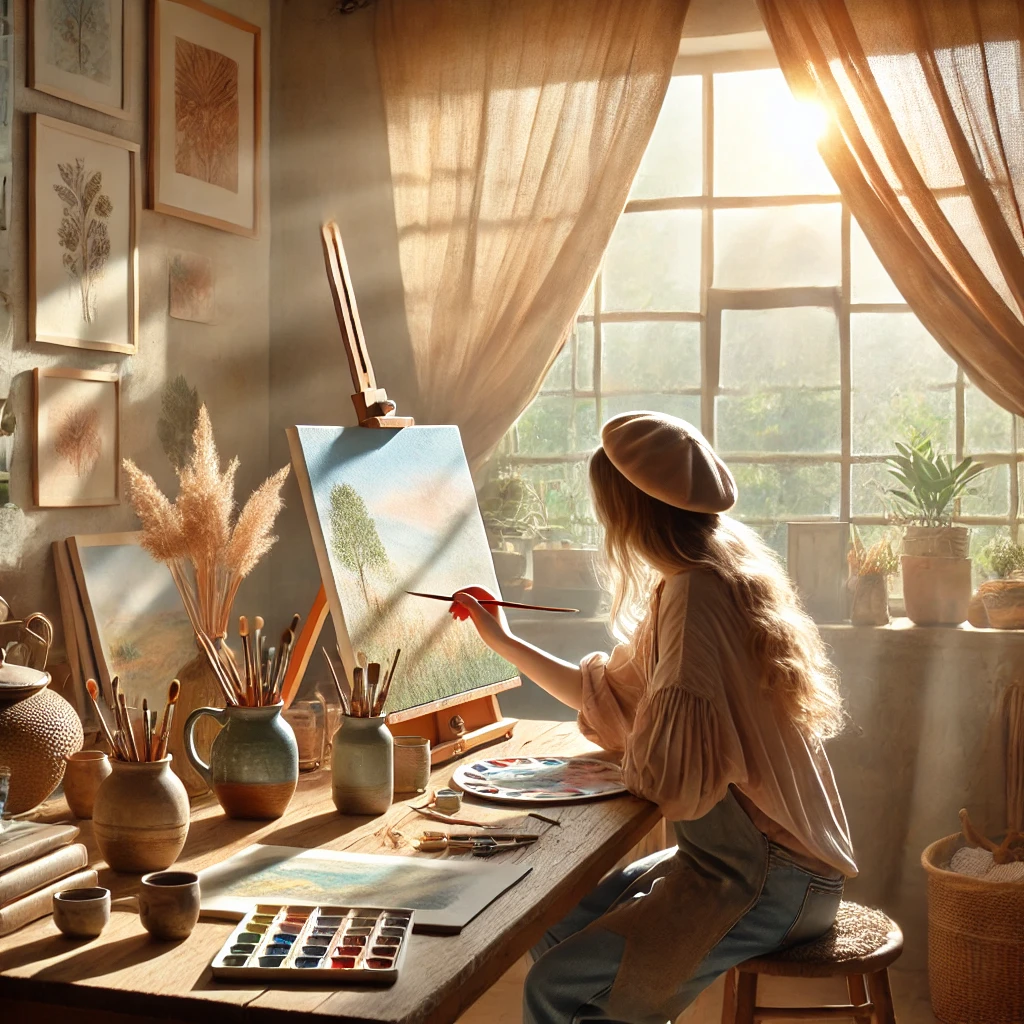 A relaxed individual enjoying a creative arts and crafts project
