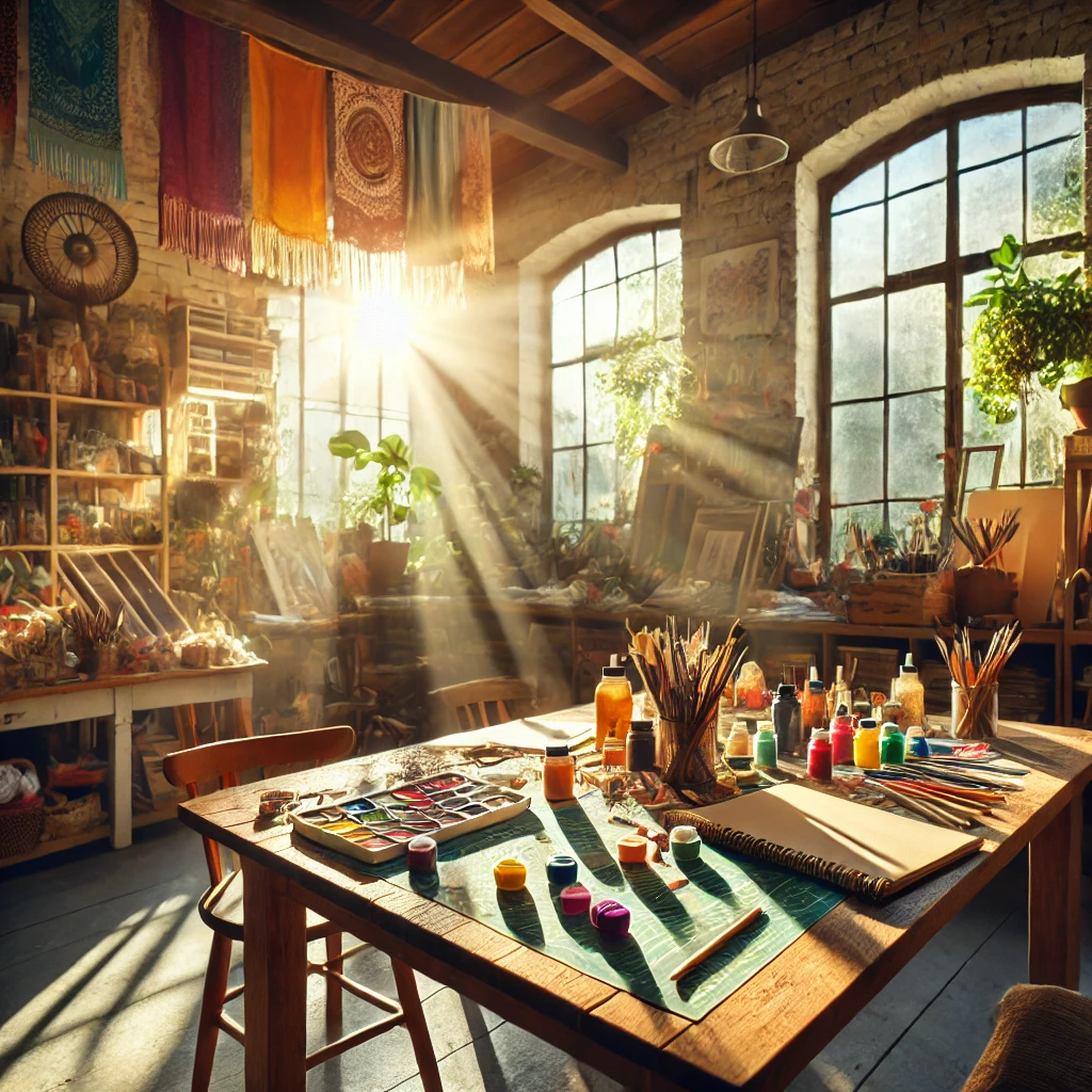 A sunlit table with crafting tools