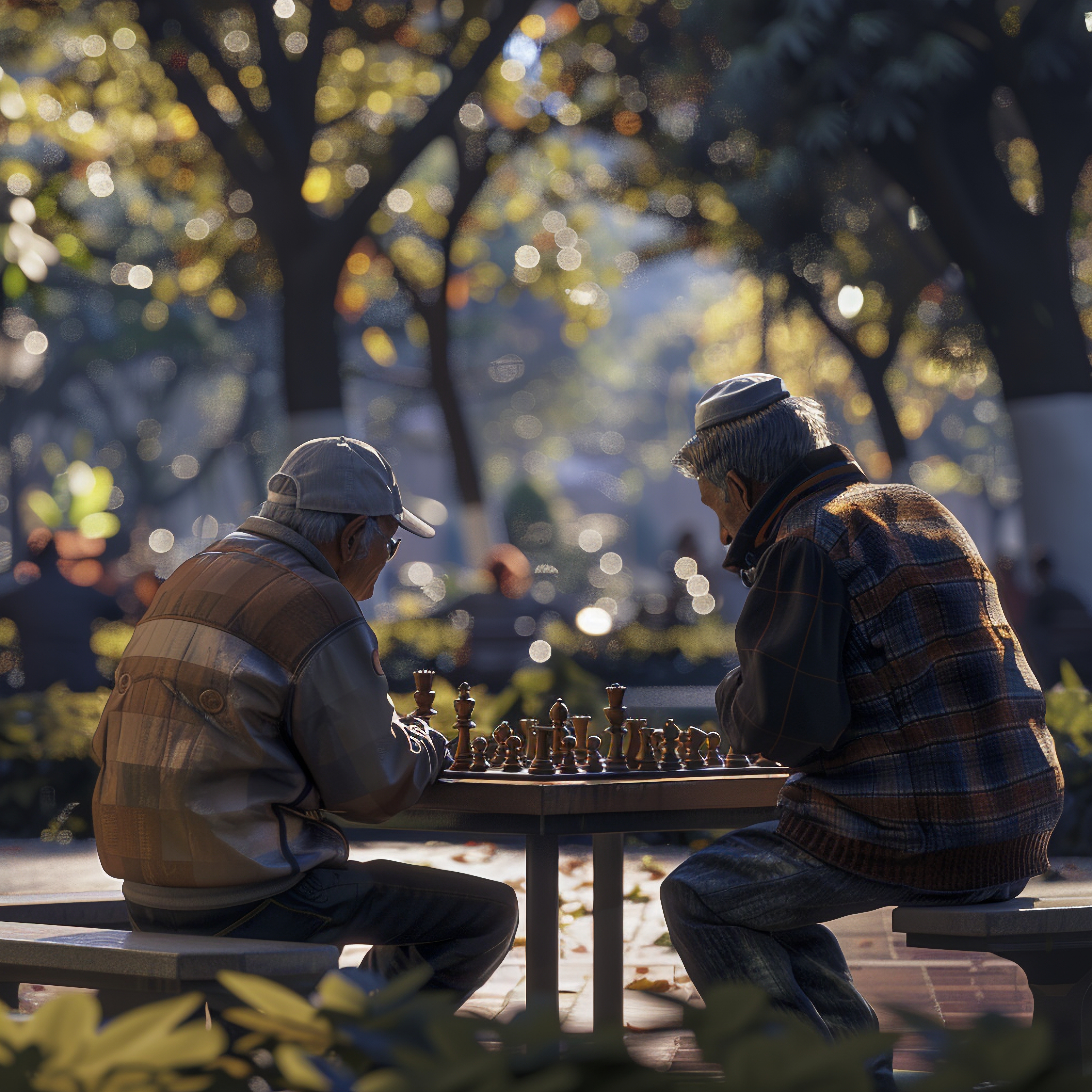 Two older gentlemen playing chess at a park chess table
