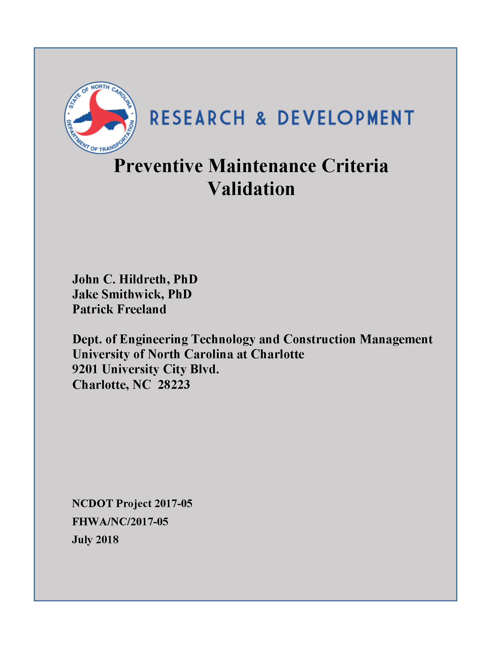 Cover: Preventive Maintenance Criteria Validation