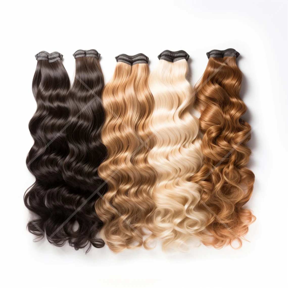 Curly black hair bundles arranged for display.