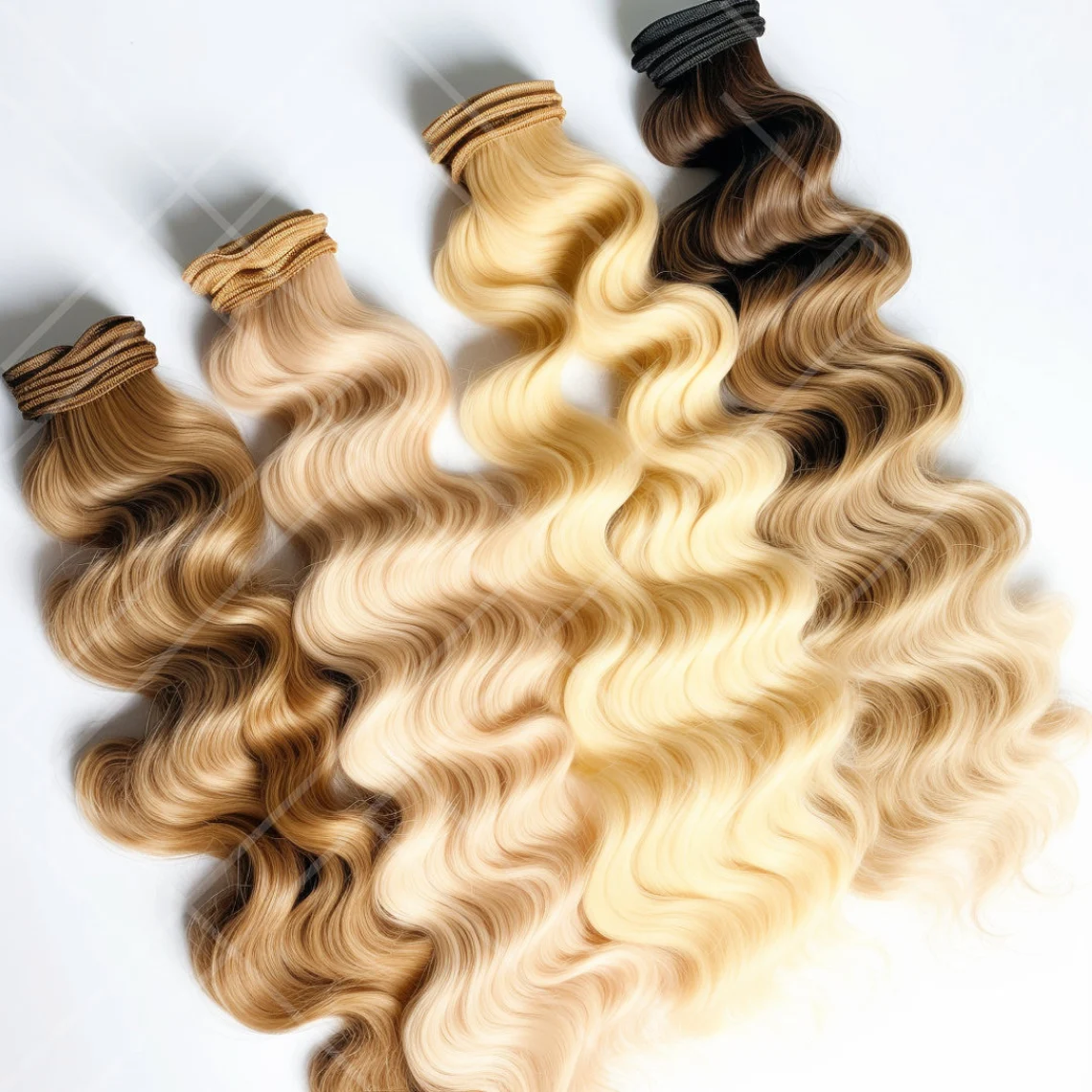 Blonde mixed-tone body wave bundles.