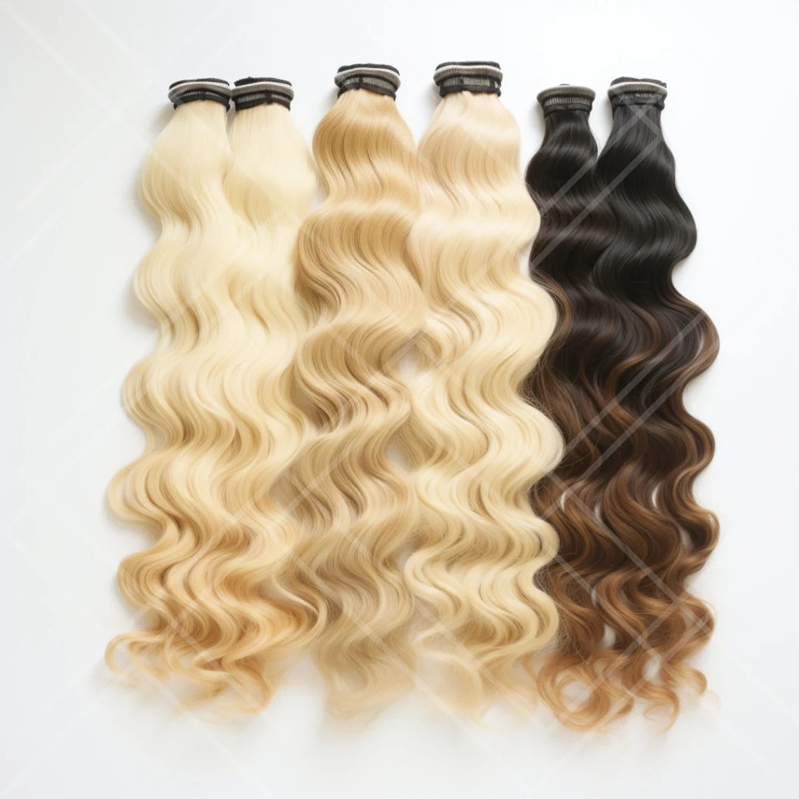 Dark-to-light ombre body wave bundles.