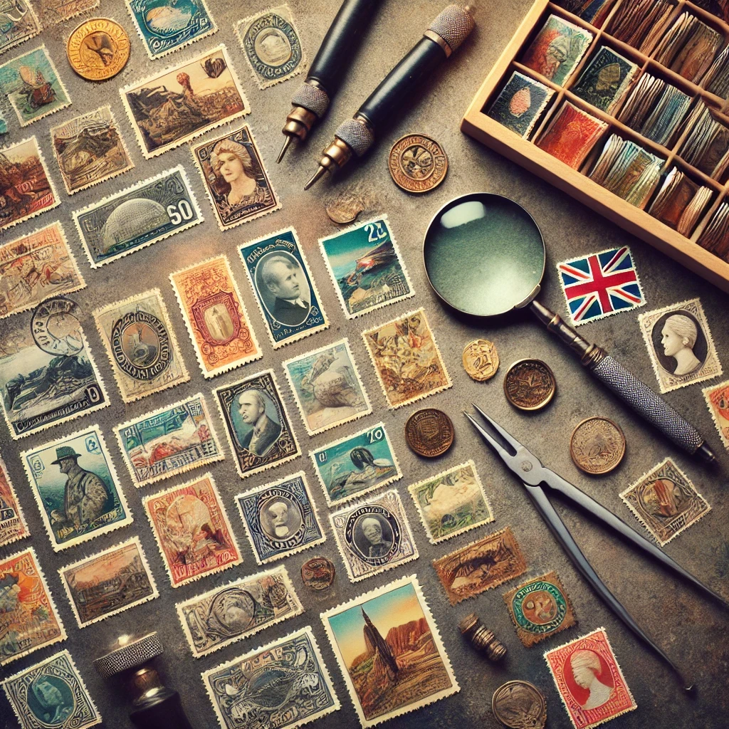 Display of stamp collection with various tools such as: tweezers, magnifying glass, and storage box