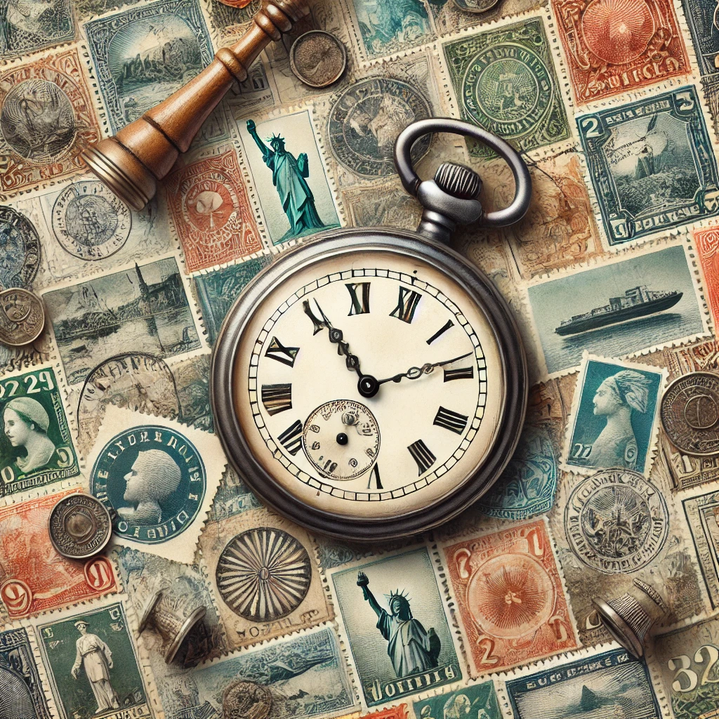 Background of stamps with a stopwatch and chess piece on top