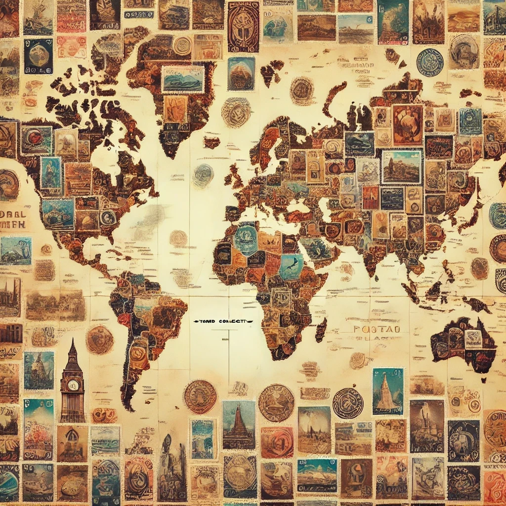 Map of the globe stylized with stamps on the continents and around the map