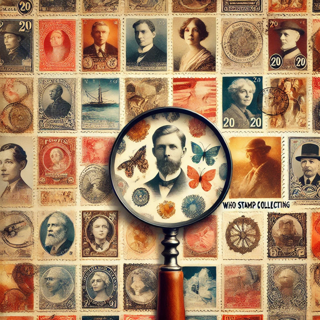 Grid of stamps with magnifying glass showcasing a stamp with a man