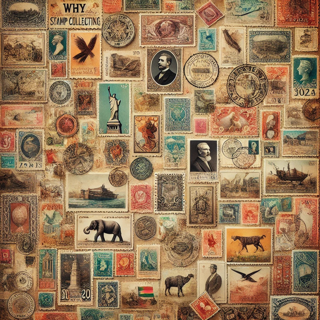 Display of stamps, circular and rectangular stamps, some stamps including people and animals