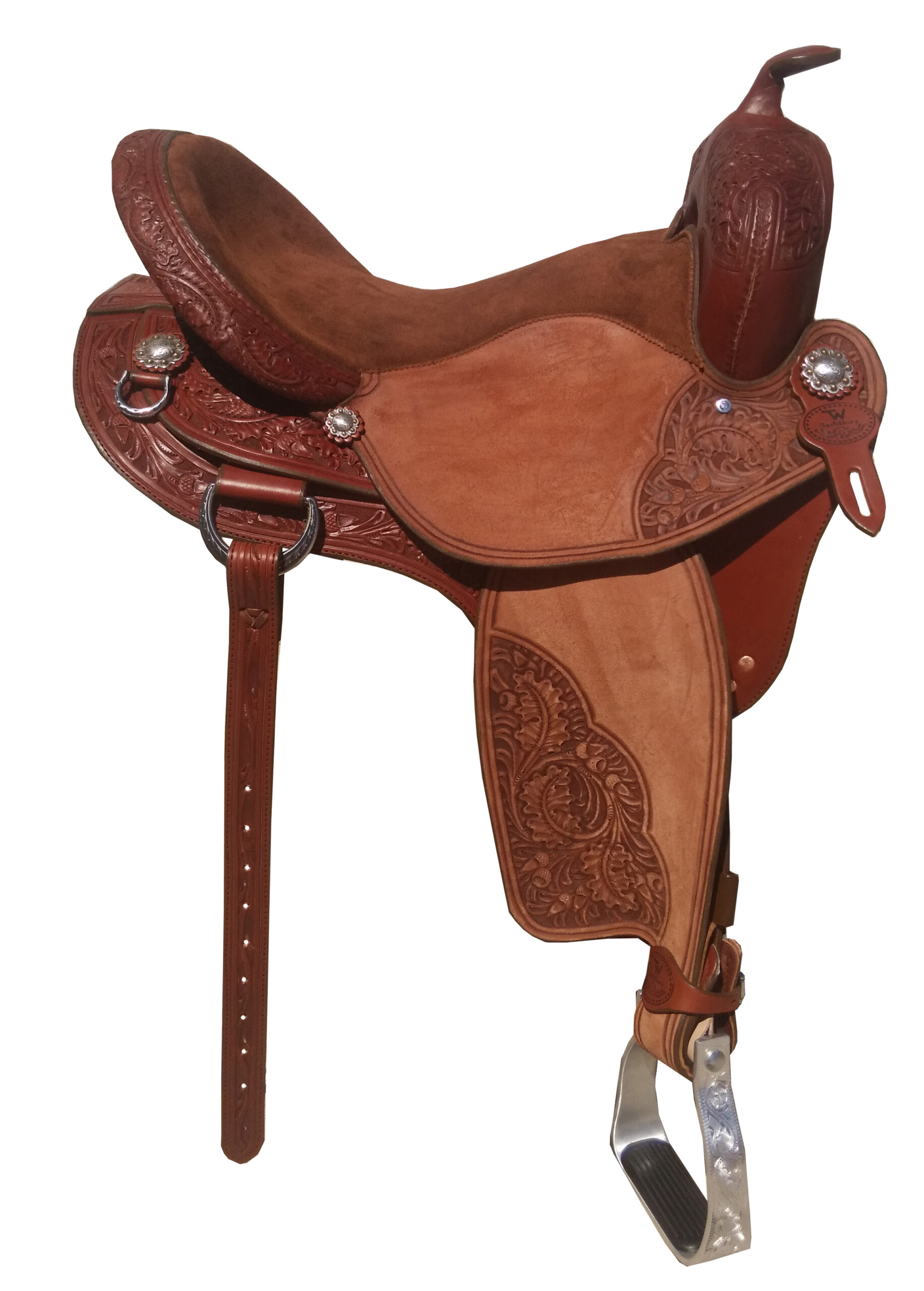 A brown western saddle.