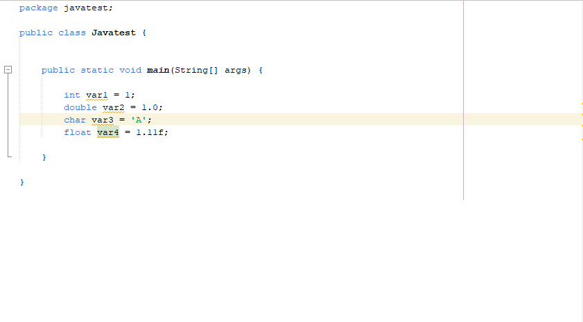 Java code example of variables.