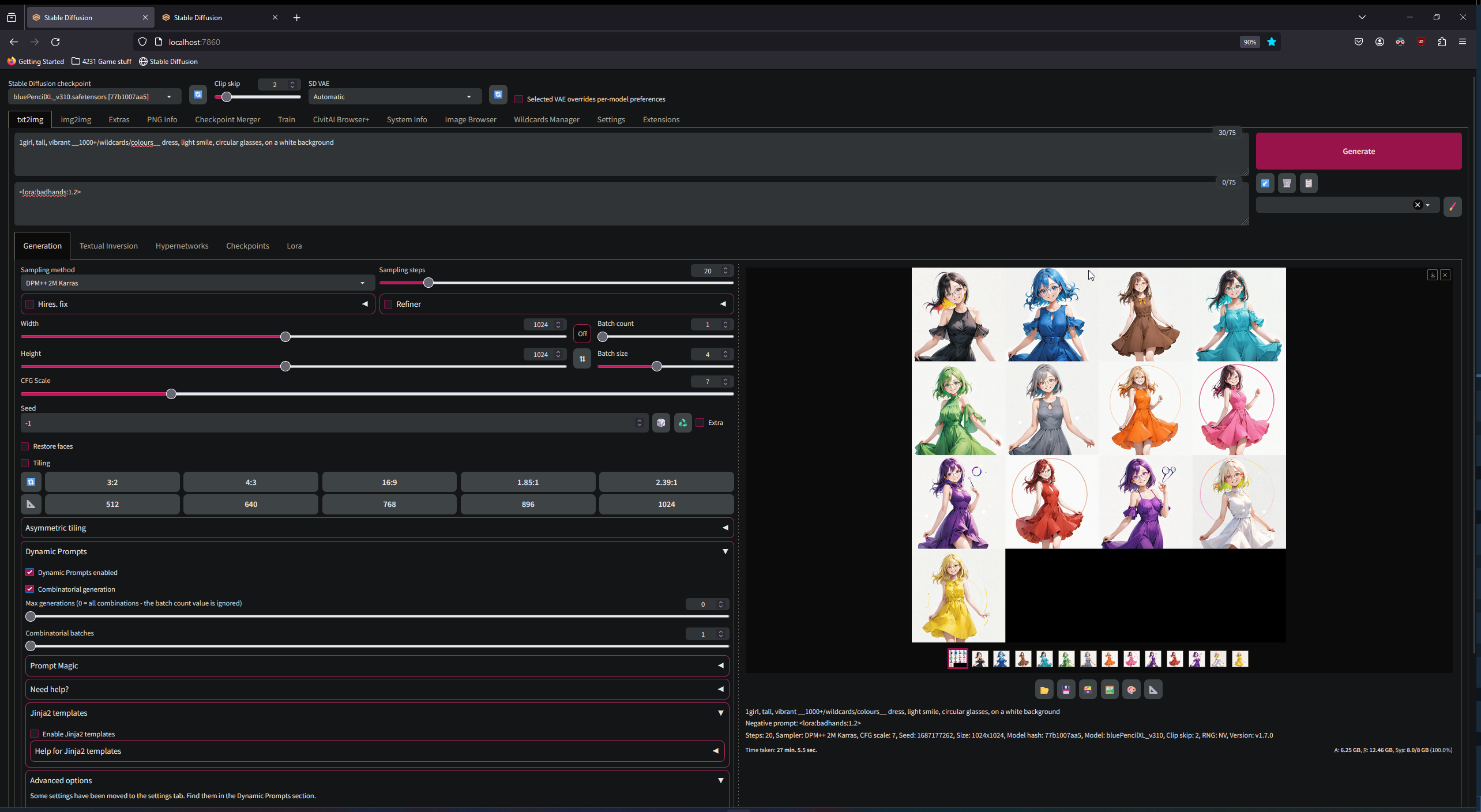 Automatic1111 UI showing the use of Dynamic Prompts to generate images with text from a wildcard