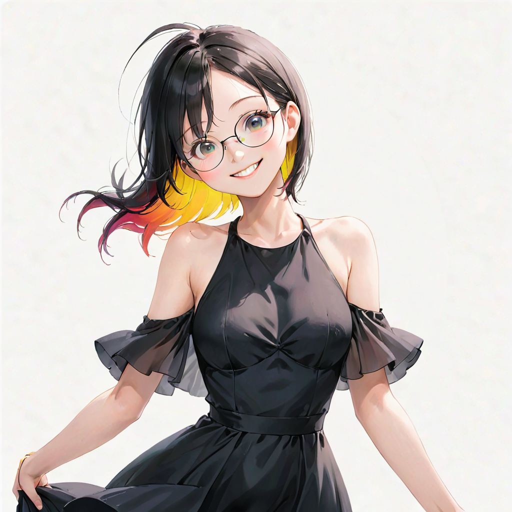 An anime style girl with black hair that is underdyed yellow wearing glasses, wearing a black dress, who is smiling.
