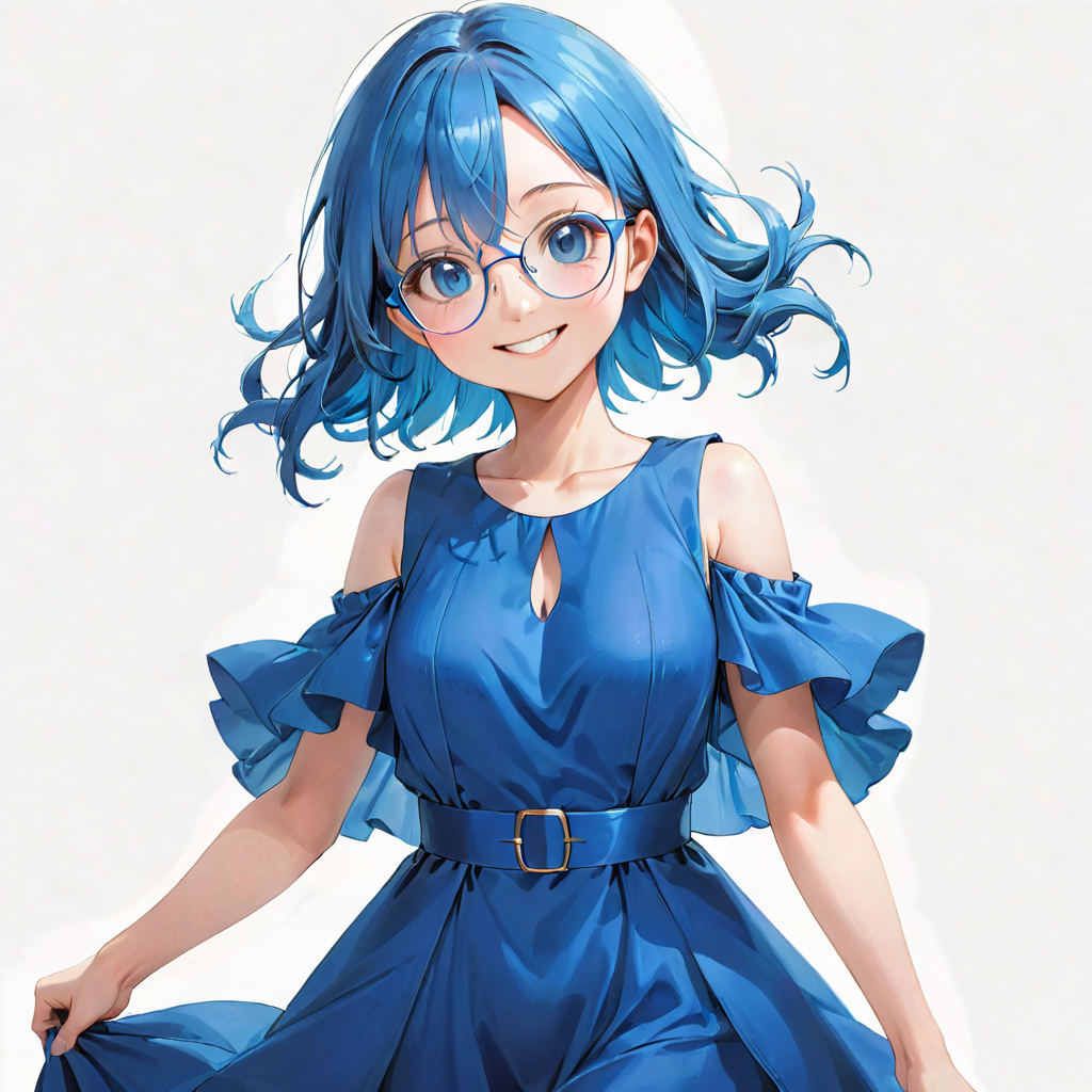 An anime style girl with blue hair wearing glasses, wearing a blue dress, who is smiling.