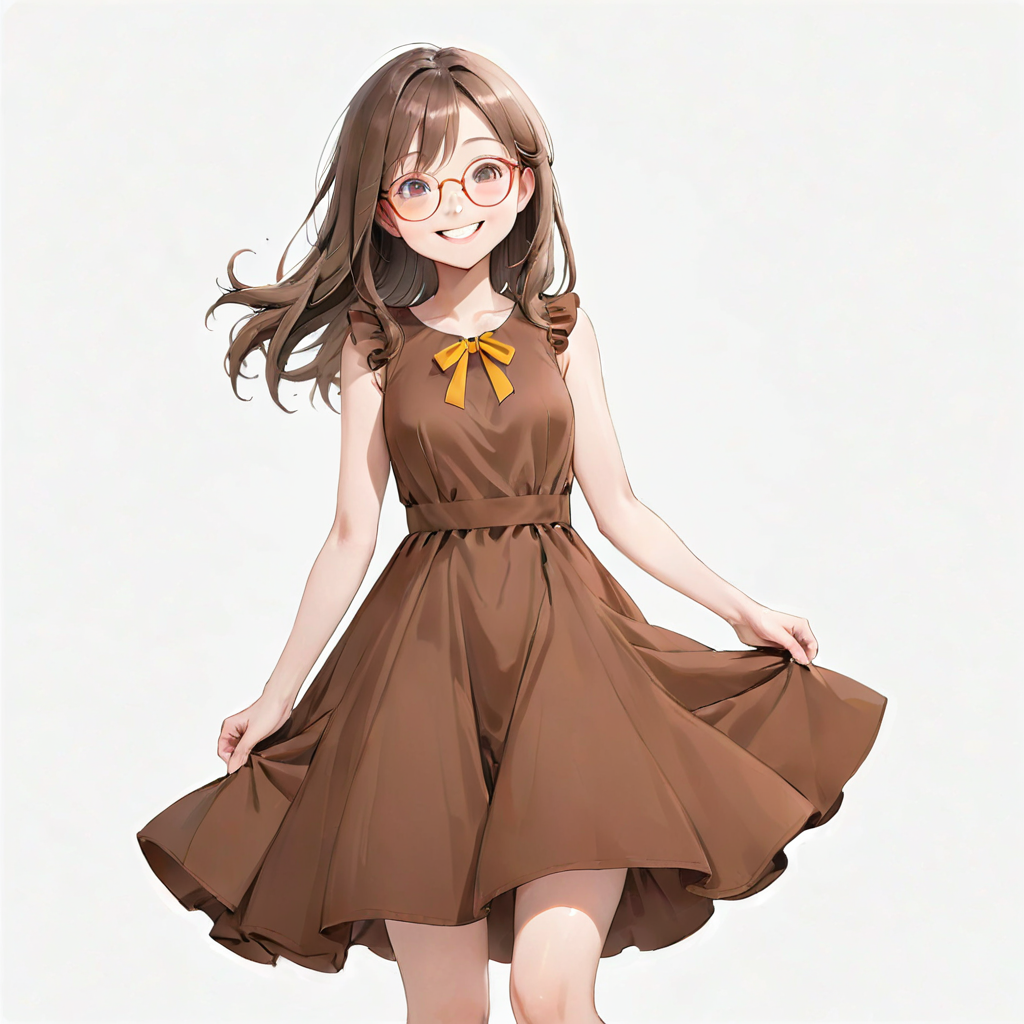 An anime style girl with brown hair wearing glasses, wearing a brown dress, who is smiling.