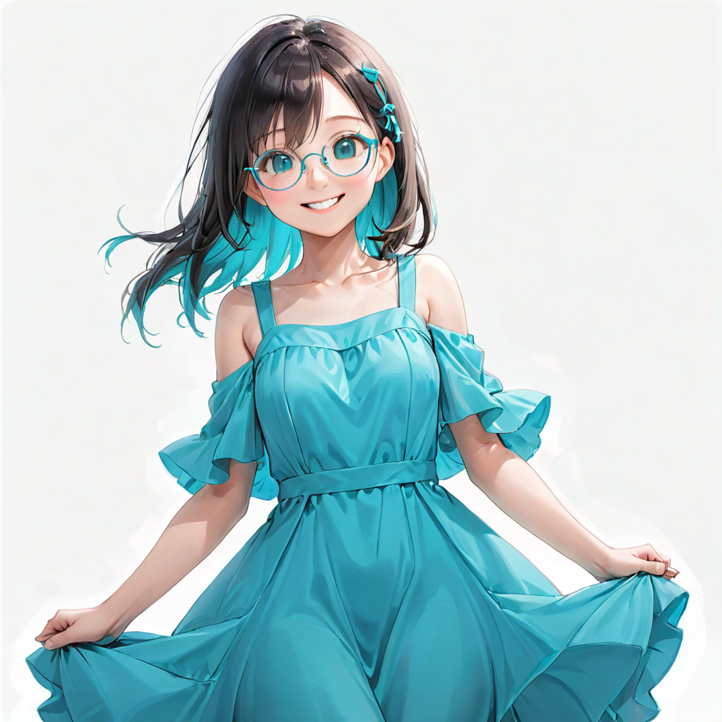 An anime style girl with black hair that is underdyed cyan wearing glasses, wearing a cyan dress, who is smiling.