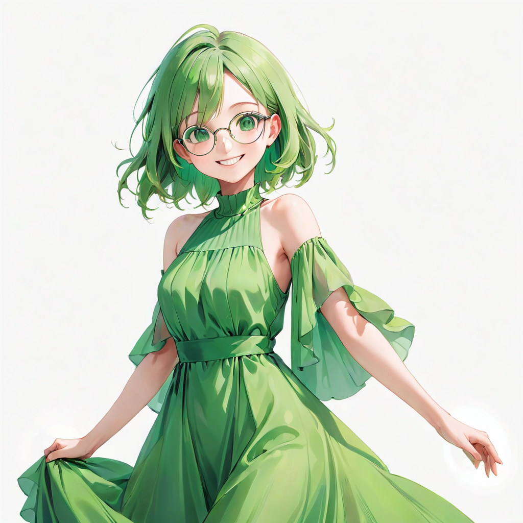 An anime style girl with green hair wearing glasses, wearing a green dress, who is smiling.