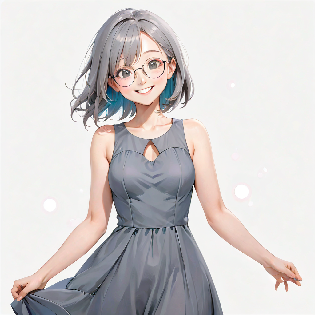 An anime style girl with grey hair wearing glasses, wearing a brown dress, who is smiling.
