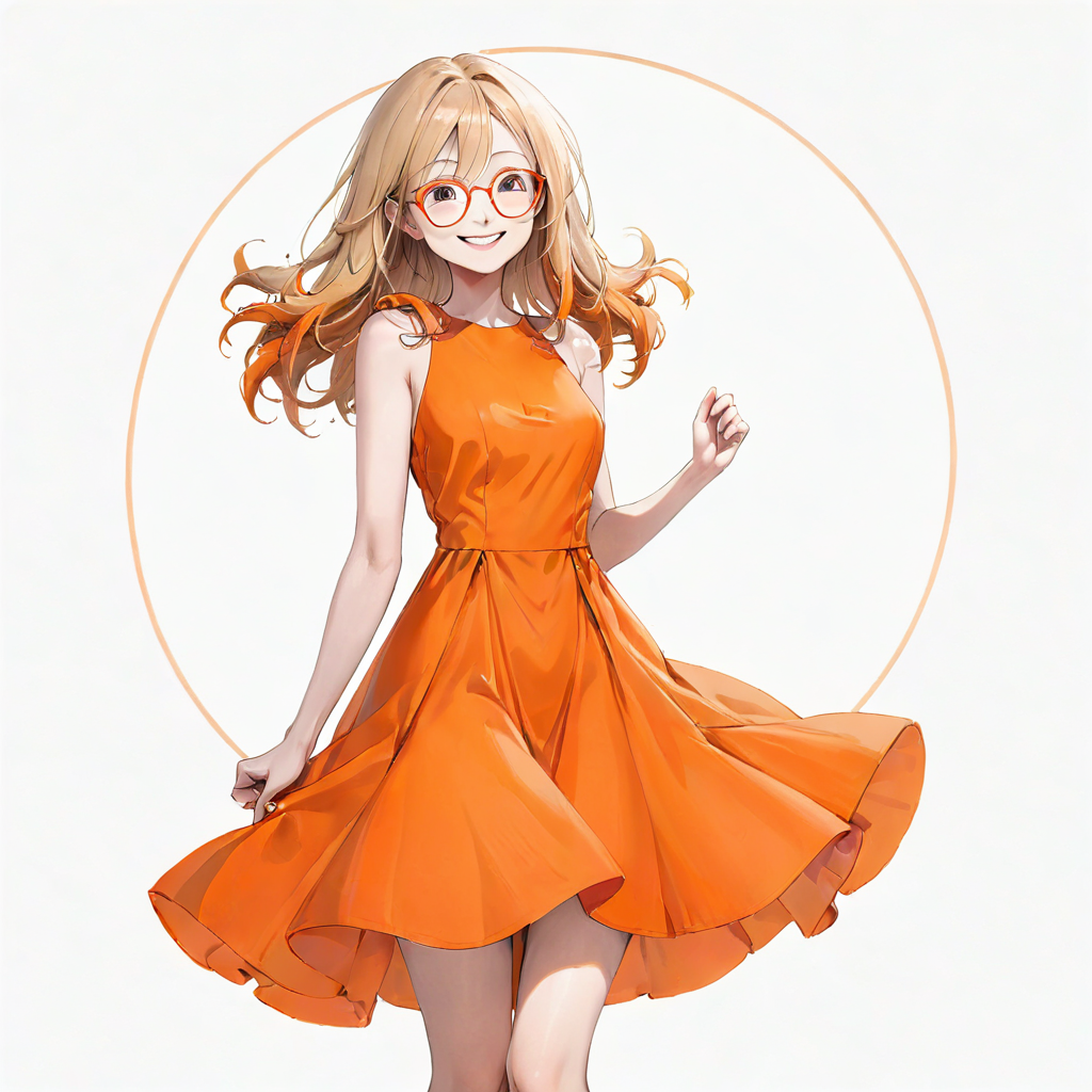 An anime style girl with blonde hair with orange tips, wearing glasses, wearing a orange dress, who is smiling.