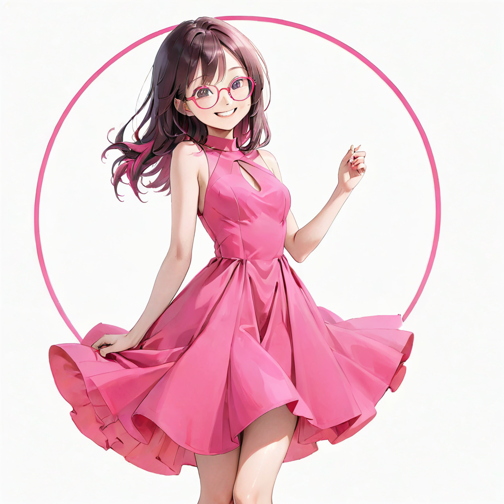 An anime style girl with brown hair with pink tips, wearing glasses, wearing a pink dress, who is smiling.
