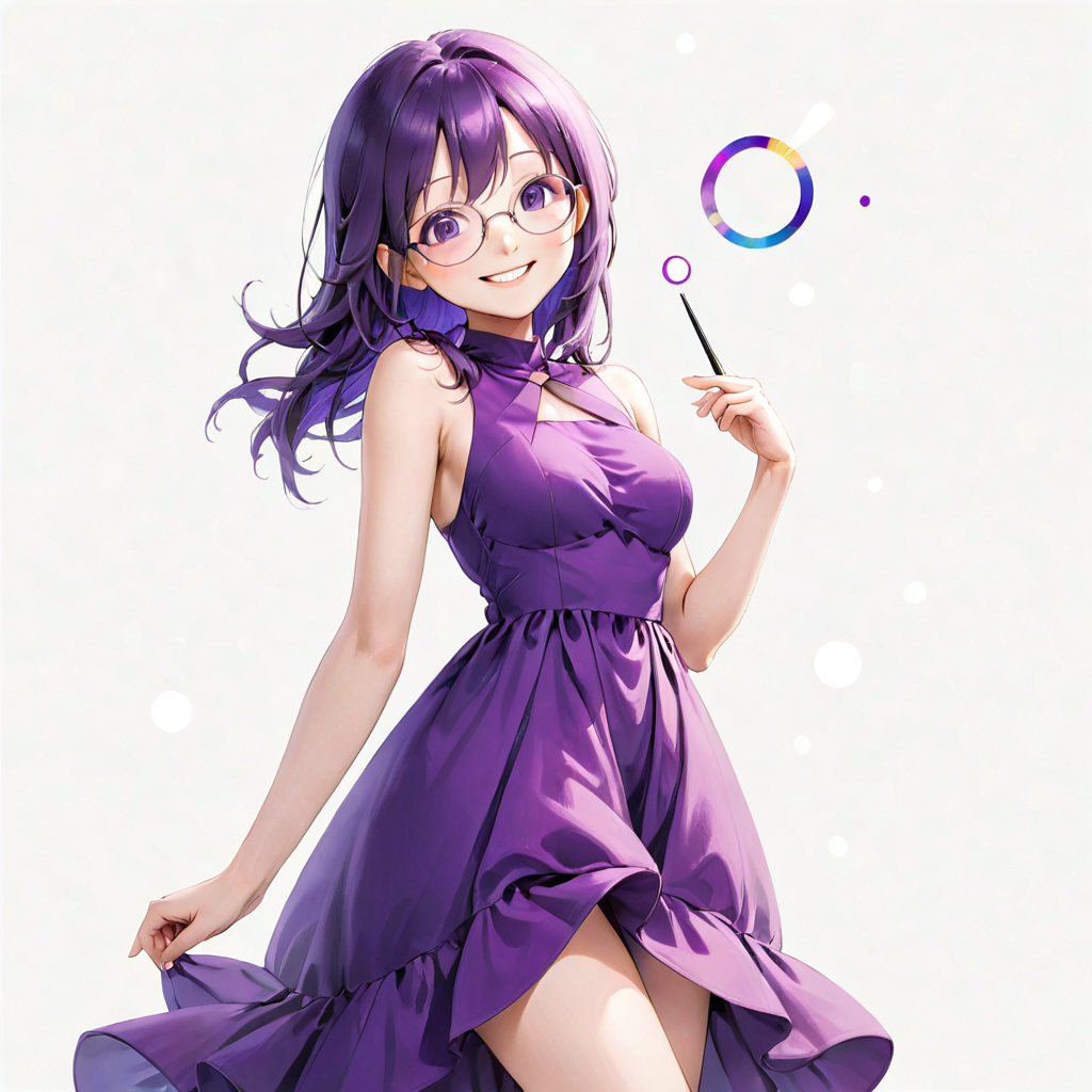 An anime style girl with purple hair wearing glasses, wearing a purple dress, who is smiling.