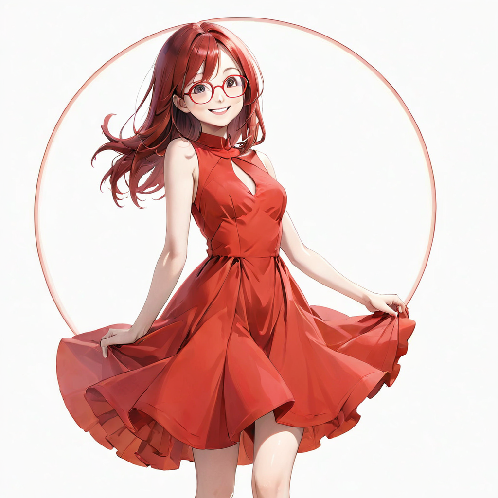 An anime style girl with red hair wearing glasses, wearing a red dress, who is smiling.