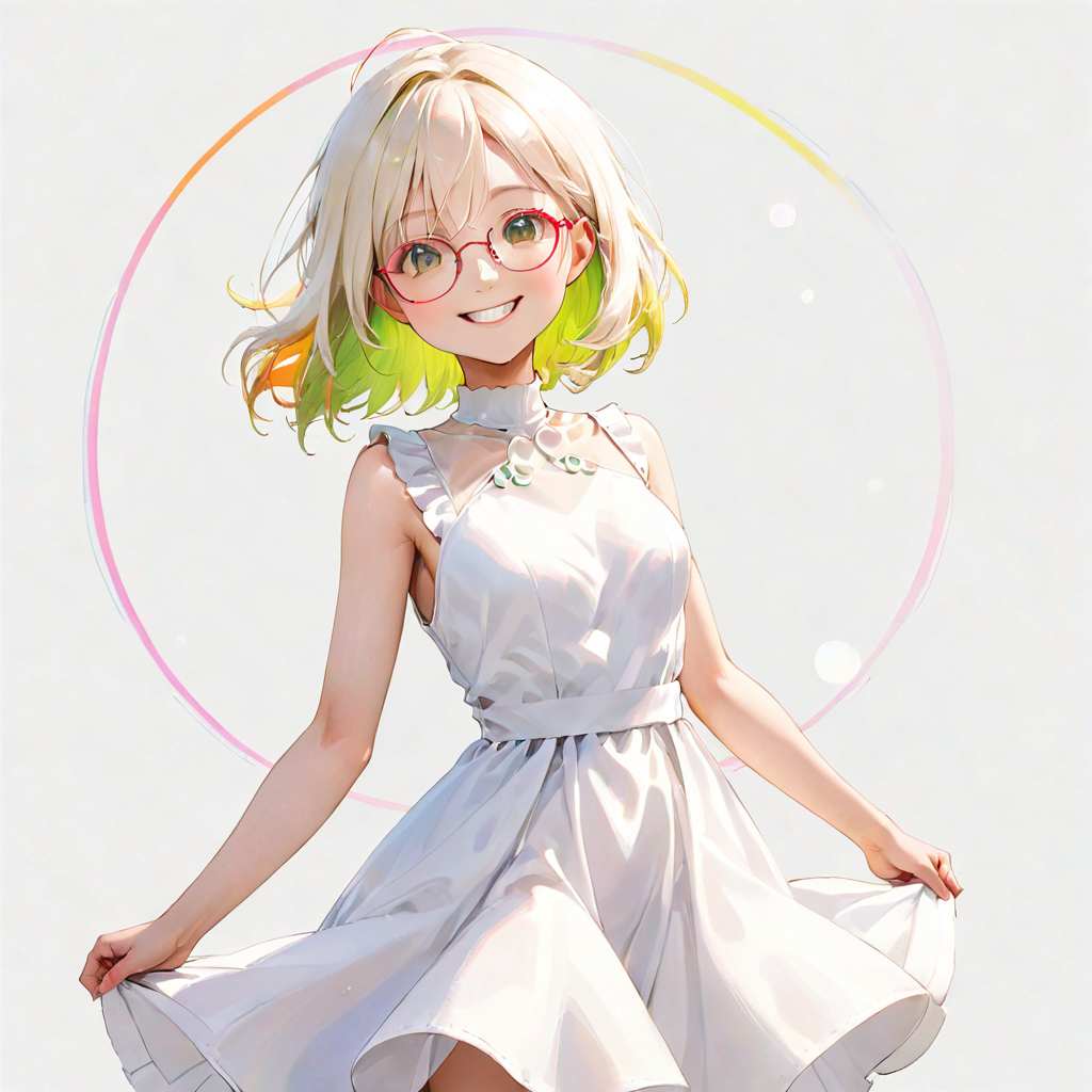 An anime style girl with bleach blonde hair underdyed yellow, wearing glasses, wearing a white dress, who is smiling.