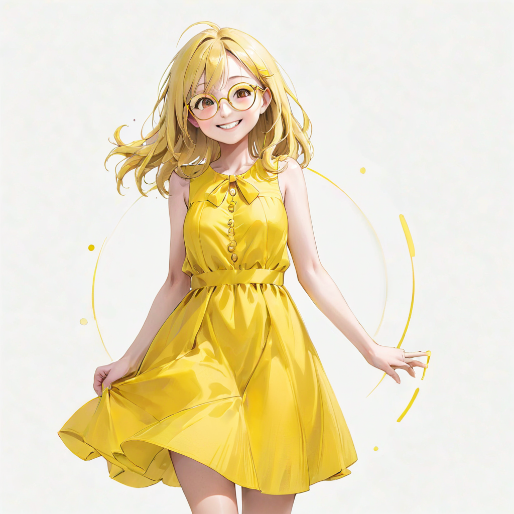 An anime style girl with blonde hair wearing glasses, wearing a yellow dress, who is smiling.