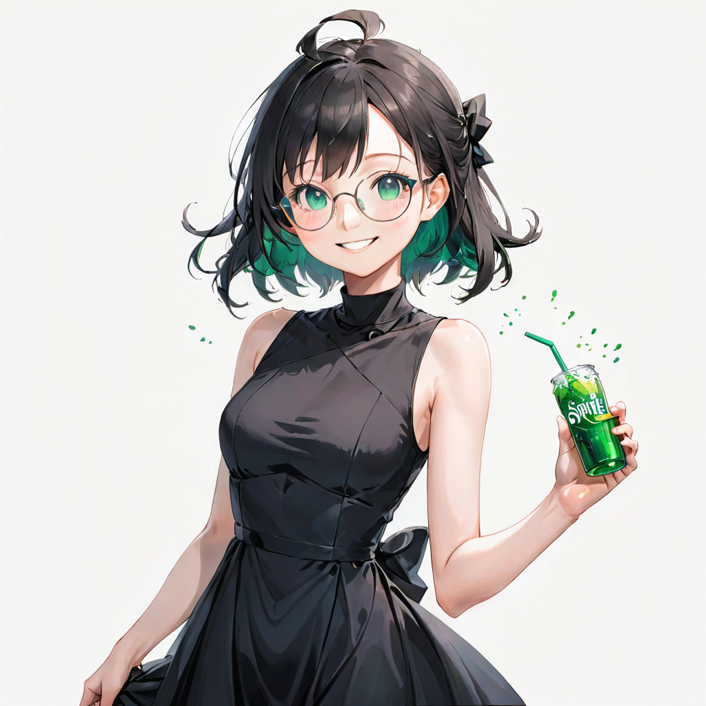 An anime style girl with black hair underdyed teal, wearing a black dress, holding a glass with green drink and green straw