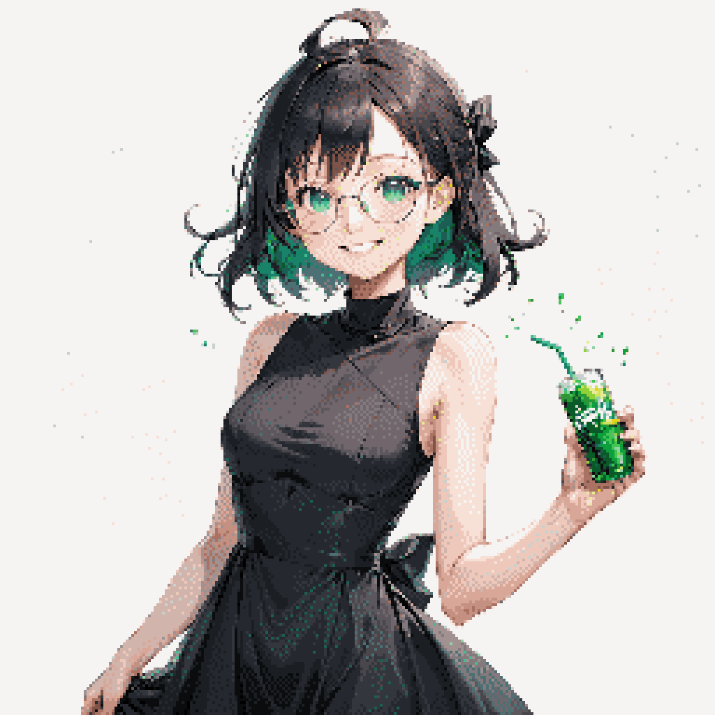 Dithered pixel art rendition of an anime style girl with black hair underdyed teal, wearing a black dress, holding a glass with green drink and green straw