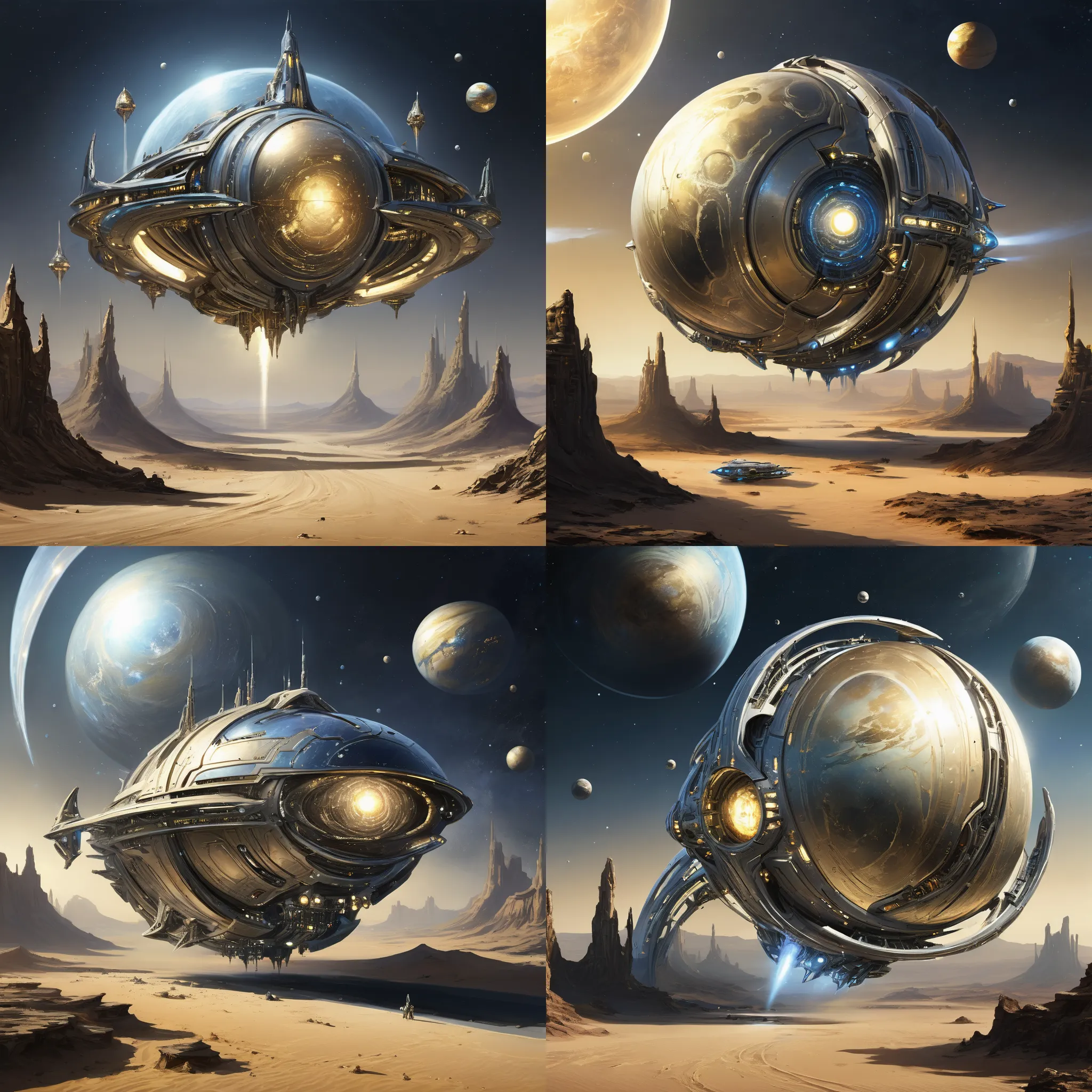 Futuristic, metallic, long, ultra-modern, spaceship, orbiting a desert planet with Aether Punk LoRA