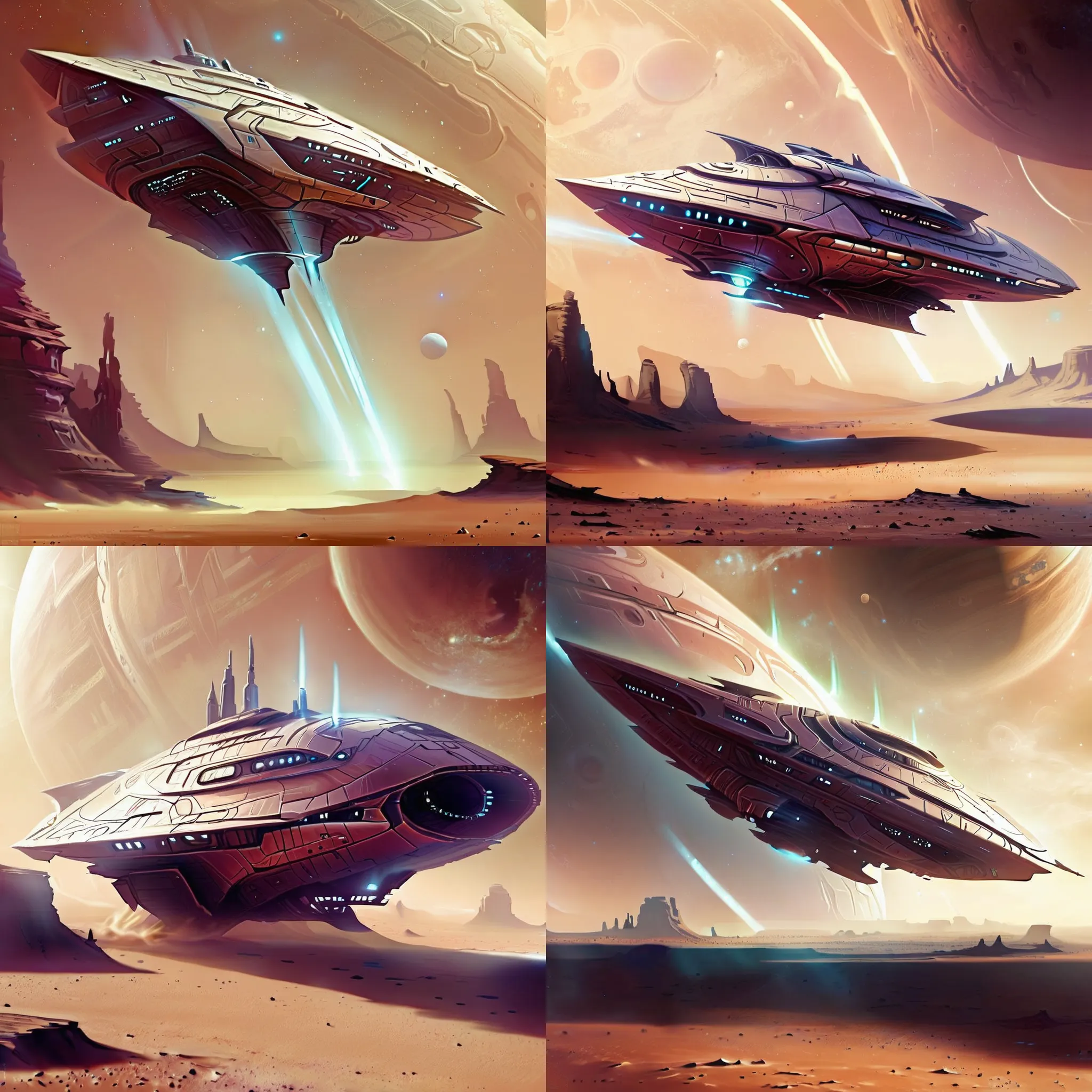 Futuristic, metallic, long, ultra-modern, spaceship, orbiting a desert planet with Magic LoRA