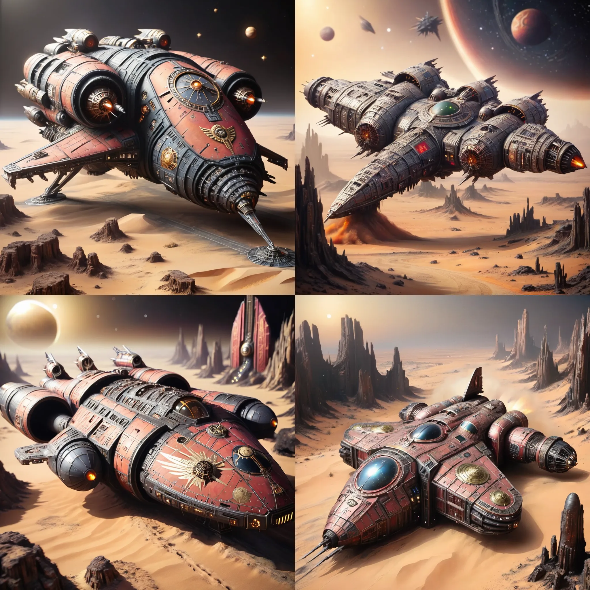 Futuristic, metallic, long, ultra-modern, spaceship, orbiting a desert planet with Mechanicus LoRA