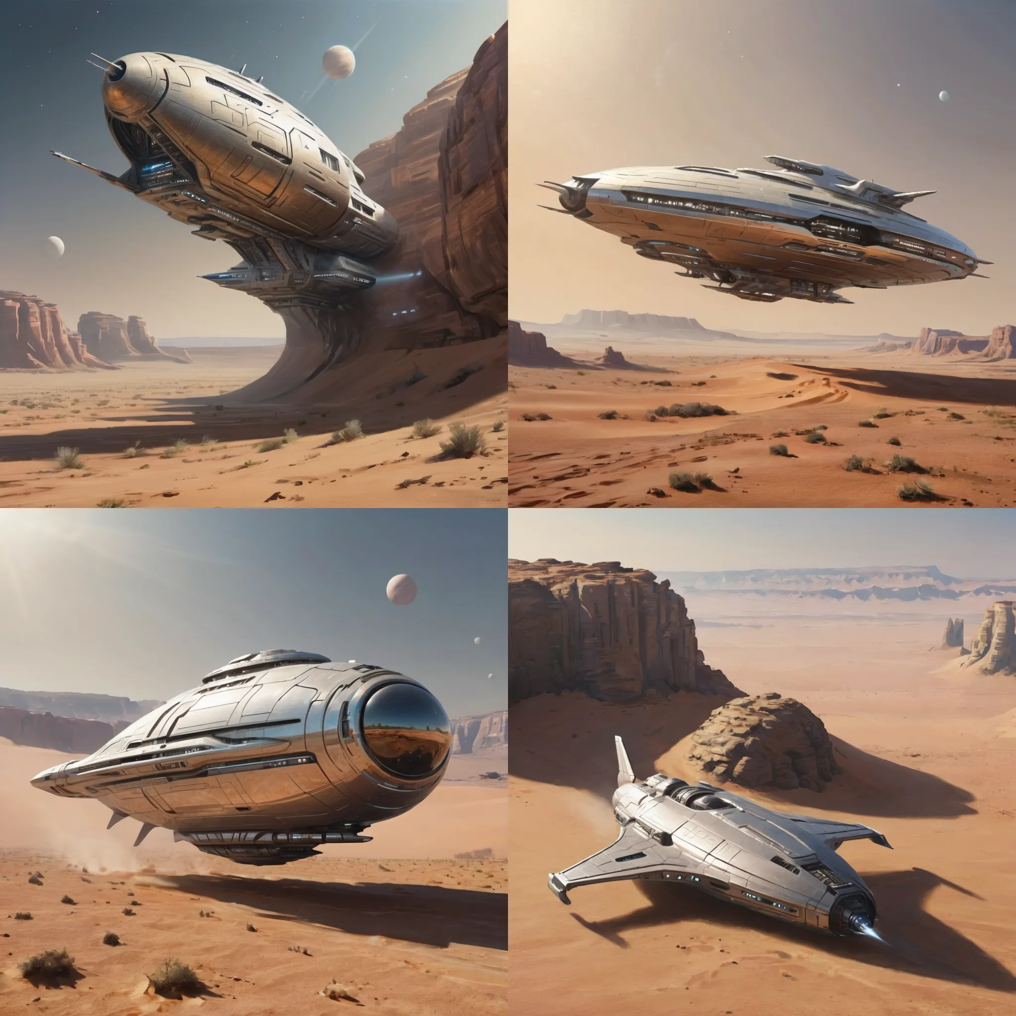 Futuristic, metallic, long, ultra-modern, spaceship, orbiting a desert planet with Water color LoRA