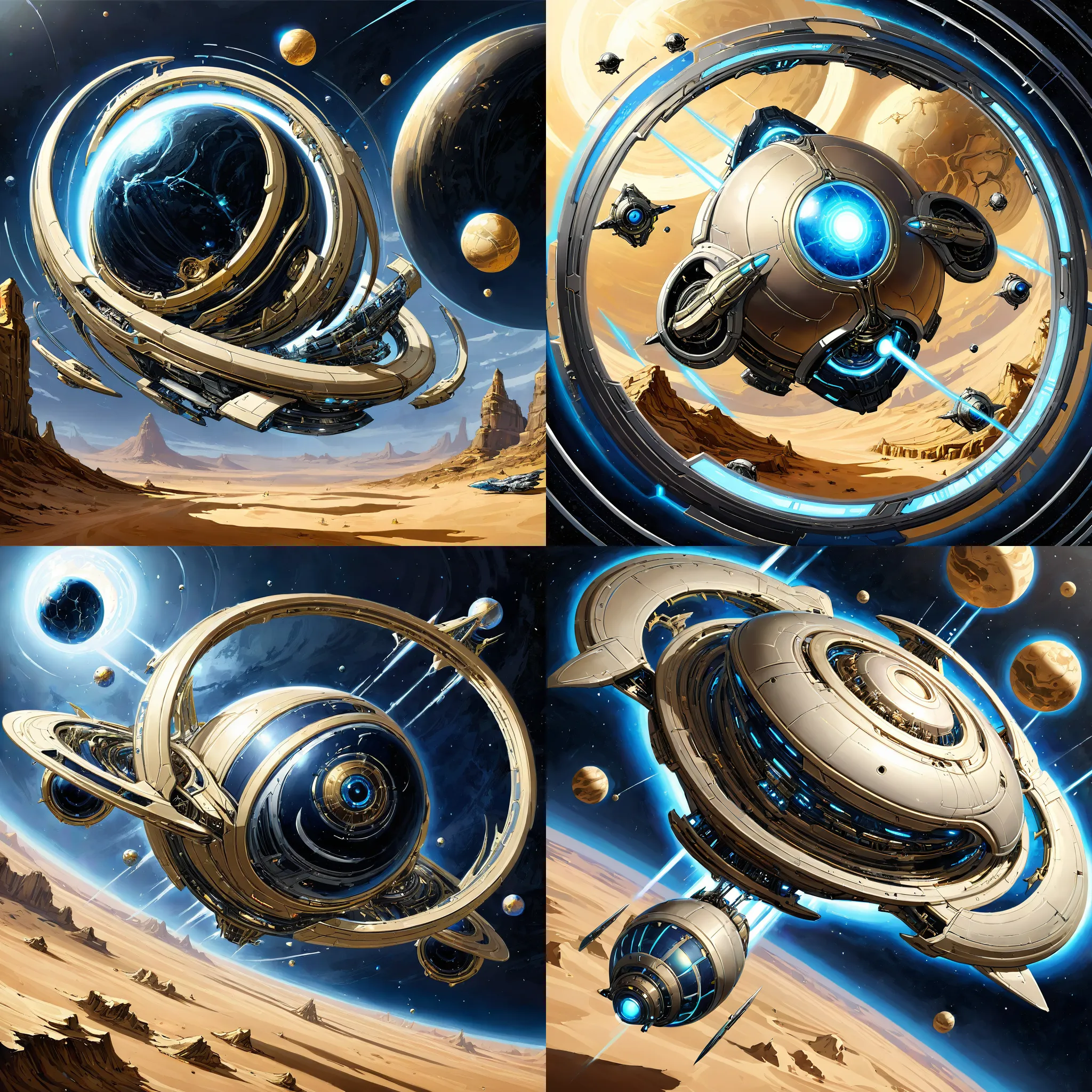 Futuristic, metallic, long, ultra-modern, spaceship, orbiting a desert planet with Aether Punk LoRA
