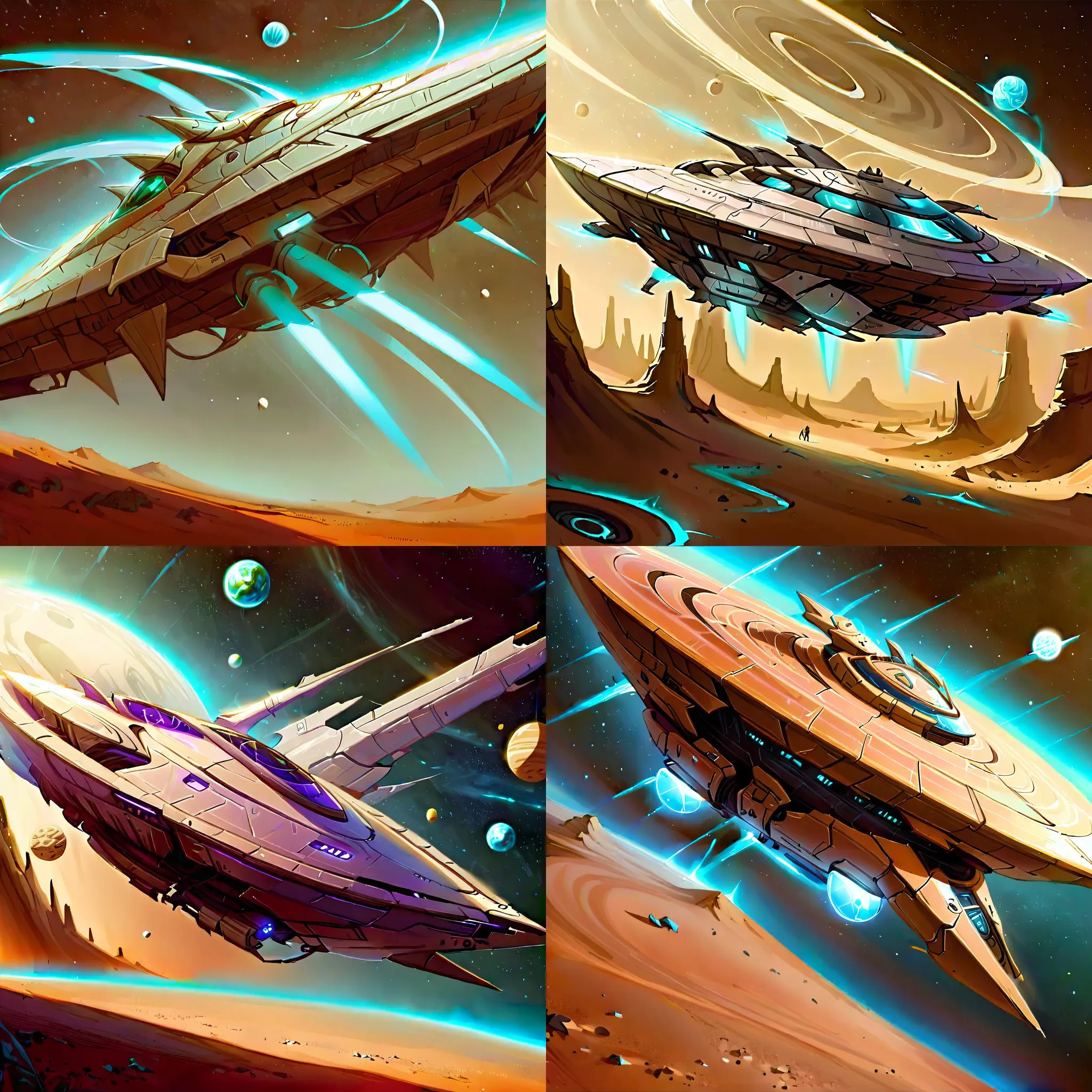 Futuristic, metallic, long, ultra-modern, spaceship, orbiting a desert planet with Magic LoRA